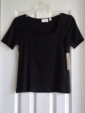 Cyprus Essentials Black Ribbed Short Sleeve Sweater Top Women's Size S